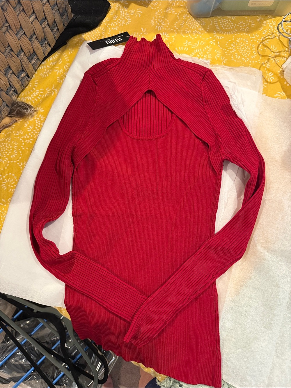 White House Black Market Red Ribbed Cutout Turtleneck Sweater